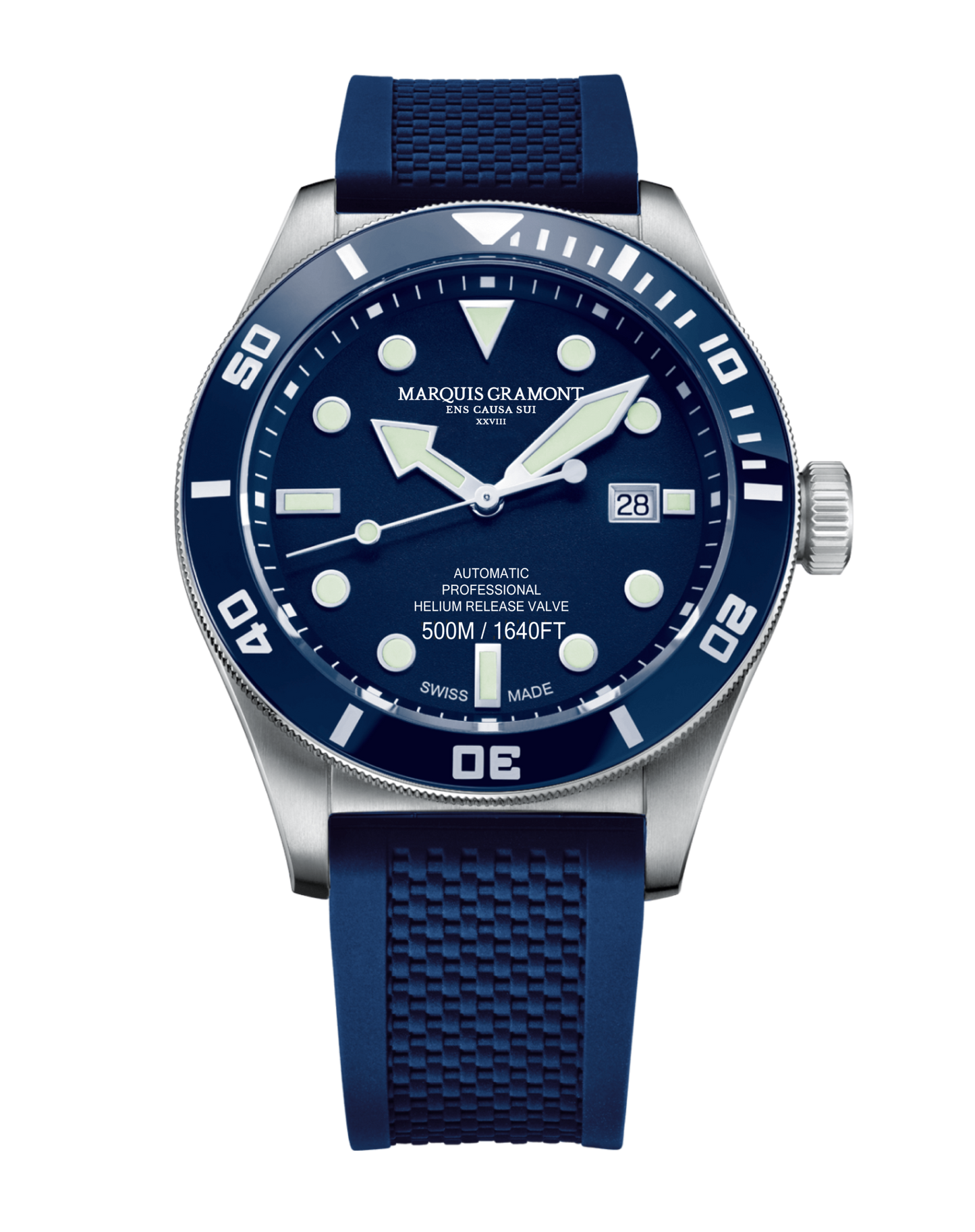 Marquis Gramont Swiss Diver Watch 500m in ocean blue with silver casing and white dial.