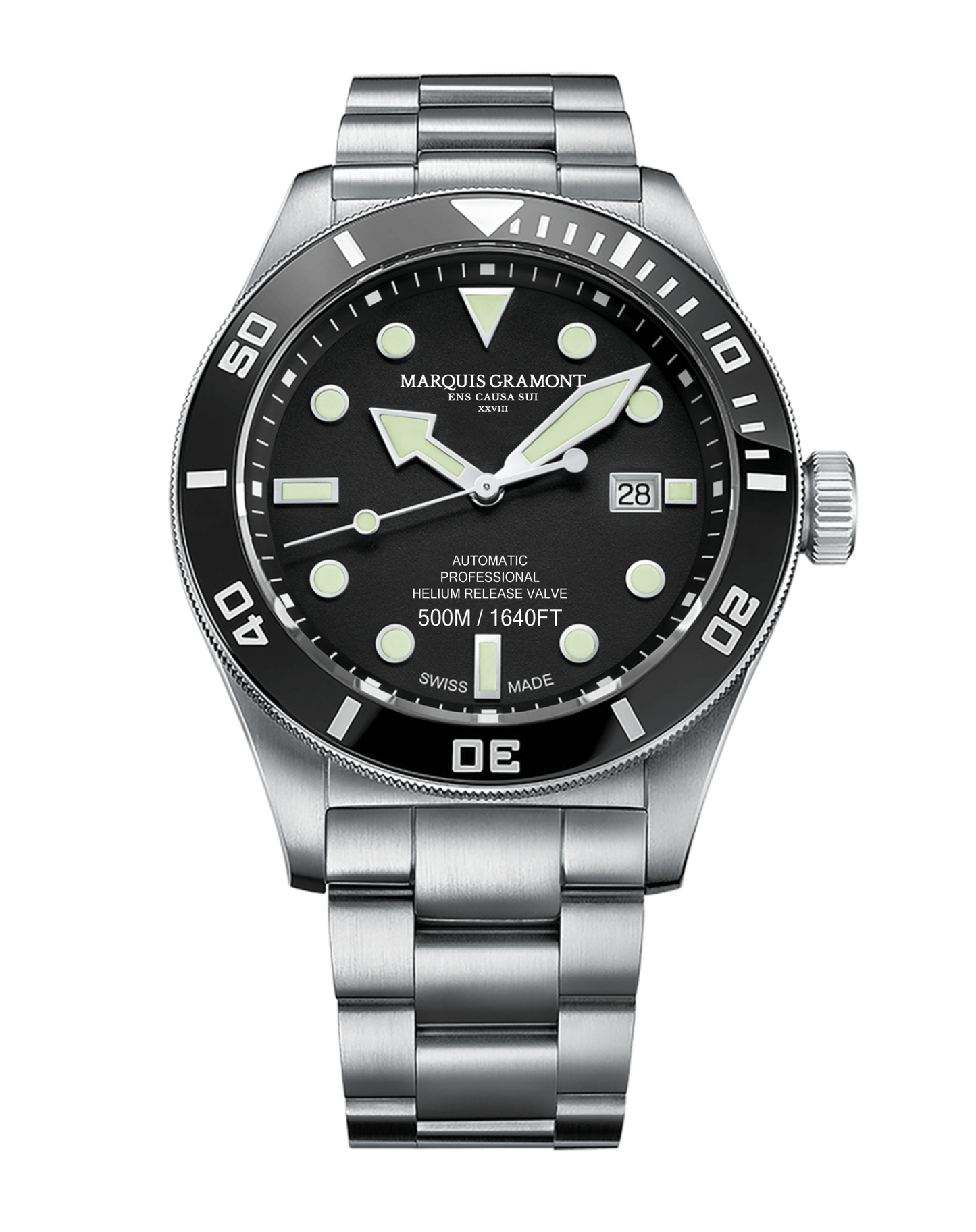 Marquis Gramont Swiss Diver Watch 500m in black with stainless steel case and white dial.