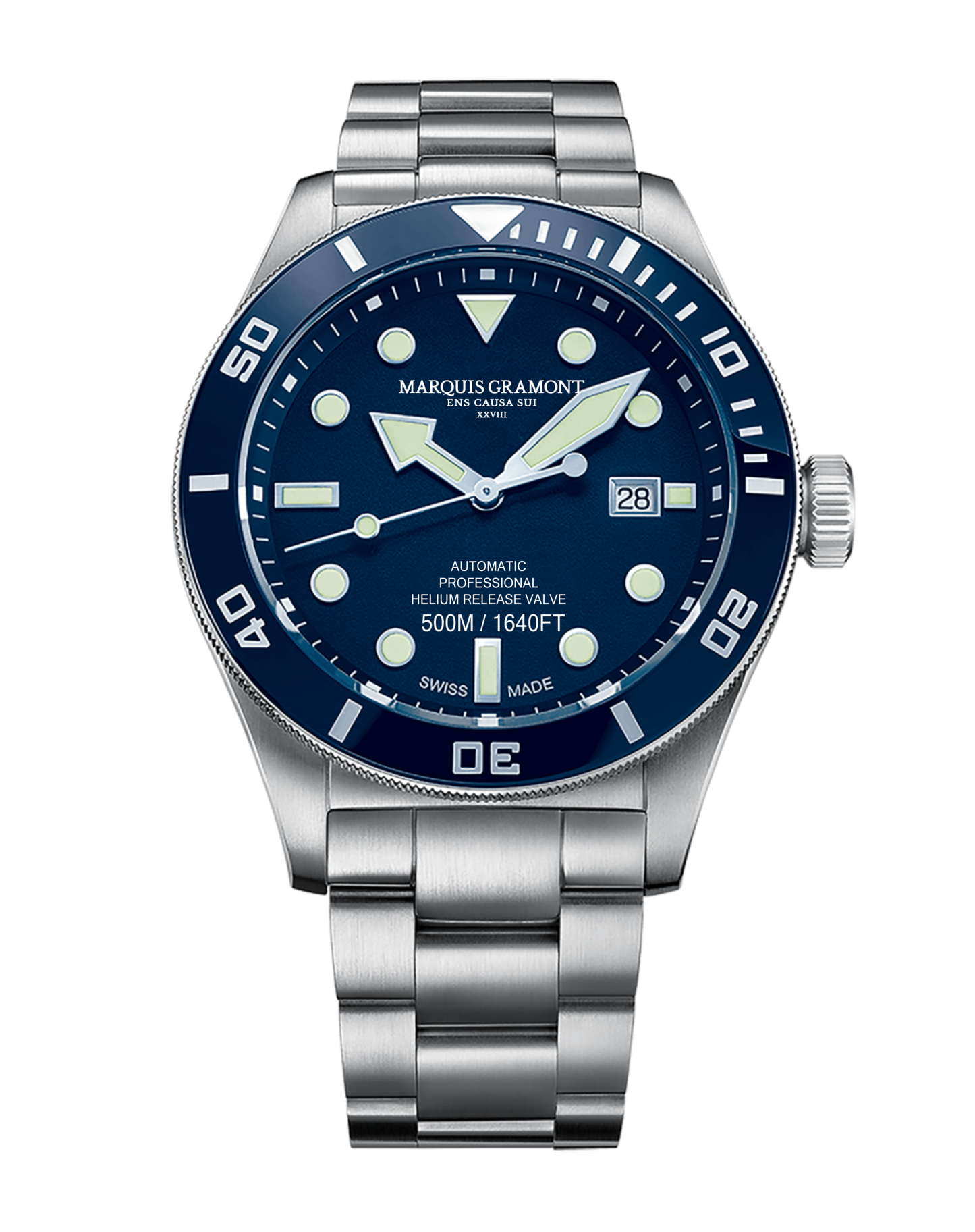 Marquis Gramont Swiss Diver Watch 500m Ocean Blue with stainless steel strap and blue dial.