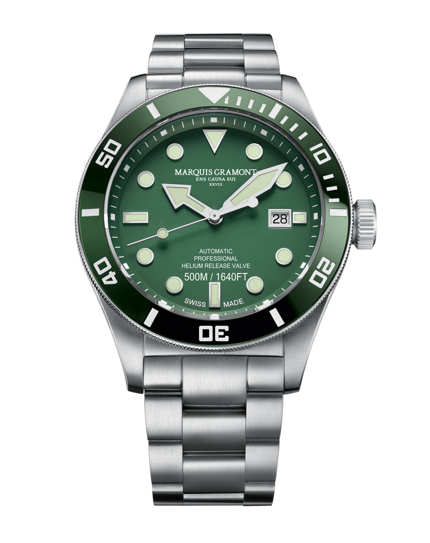 Marquis Gramont Swiss Diver Watch 500m in forest green with silver casing and white dial.