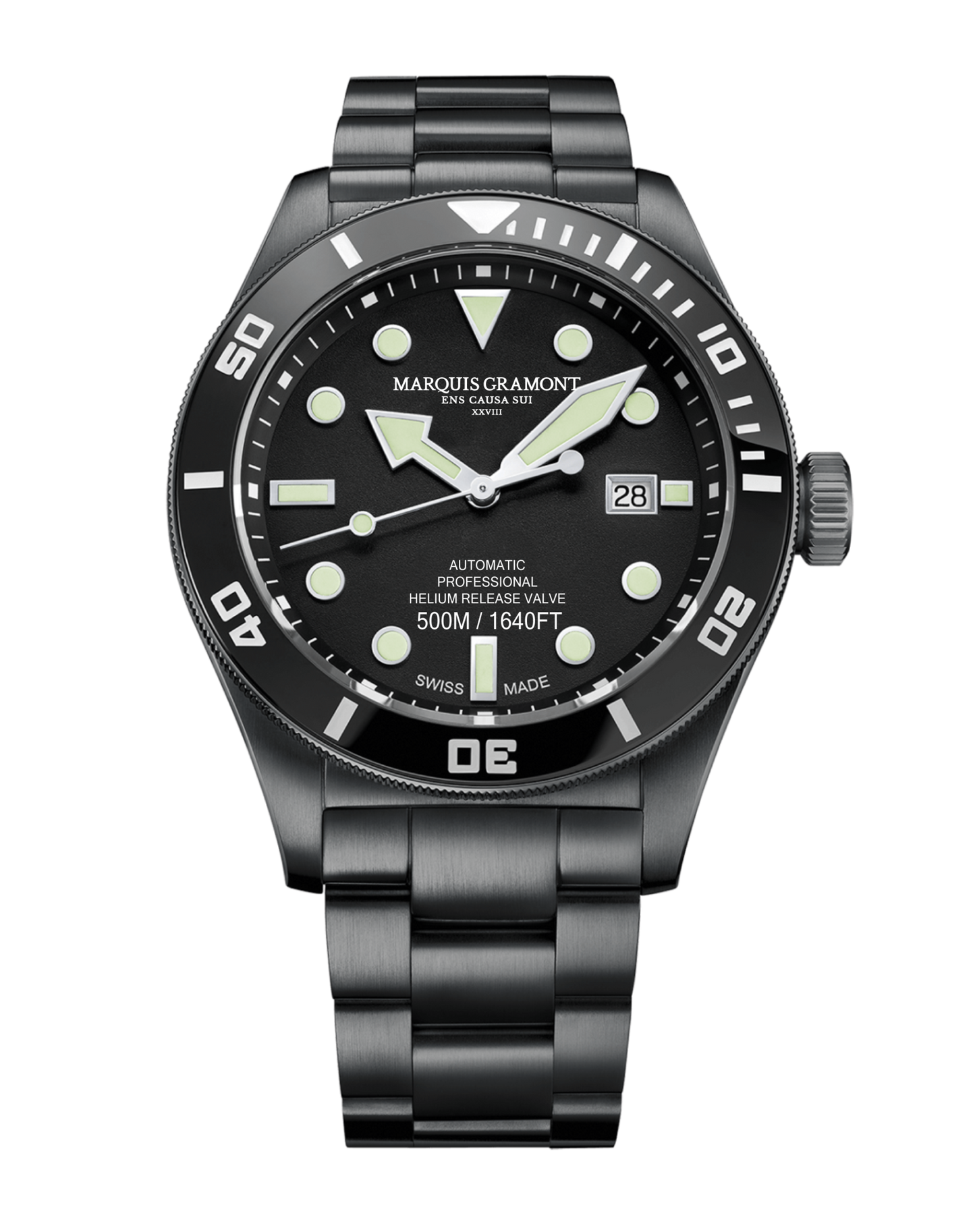 Marquis Gramont Swiss Diver Watch 500m in black with stainless steel case and luminous markers.