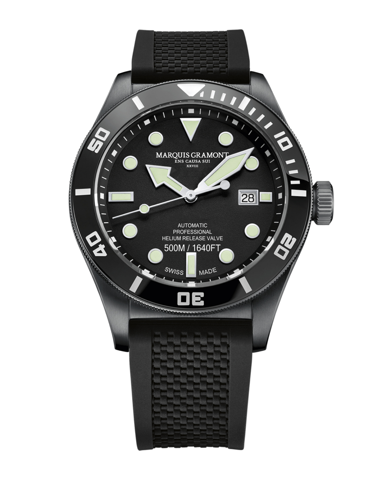 Marquis Gramont Swiss Diver Watch 500m black with rubber strap, luminous markers, automatic movement, sapphire crystal.