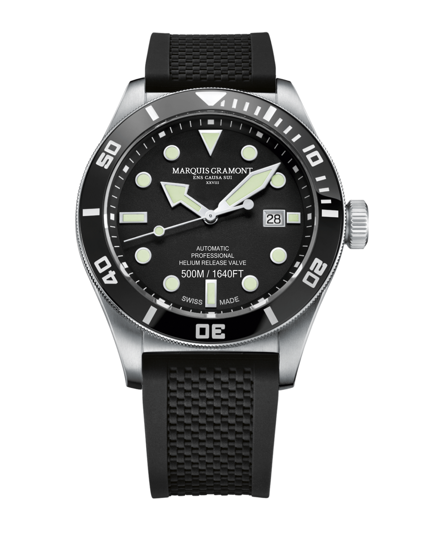 Marquis Gramont Swiss Diver Watch 500m in black with silver casing and white dial.