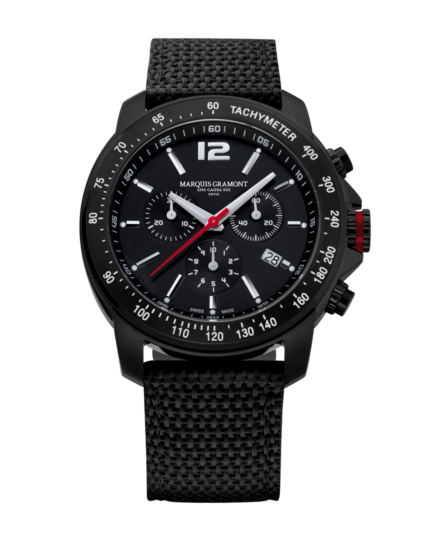 Swiss Made Military-Style Chronograph Watch with black nylon strap and tachymeter.