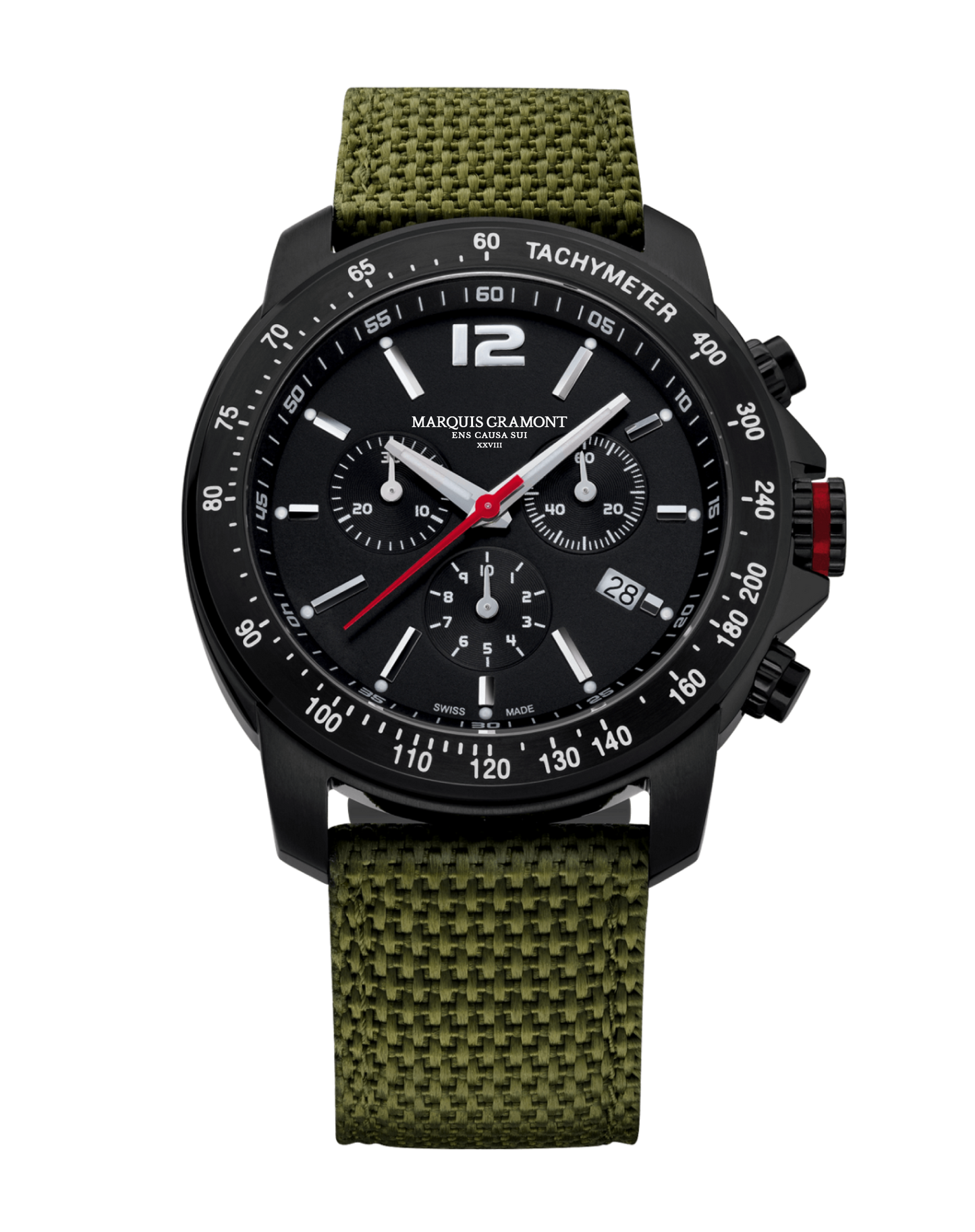 Swiss Made military-style chronograph watch with green nylon strap and black dial.
