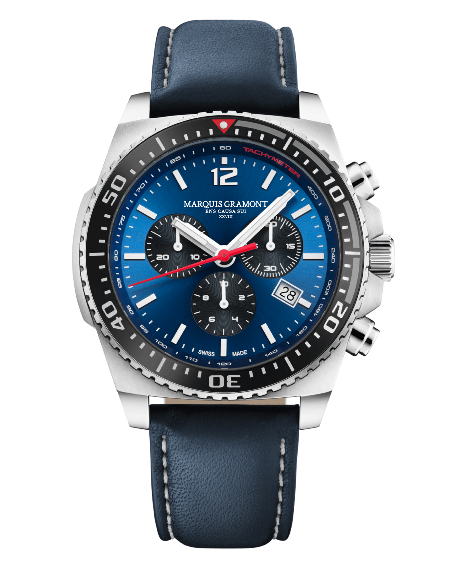 Swiss Made Chronograph Sports Watch with blue dial and leather strap.