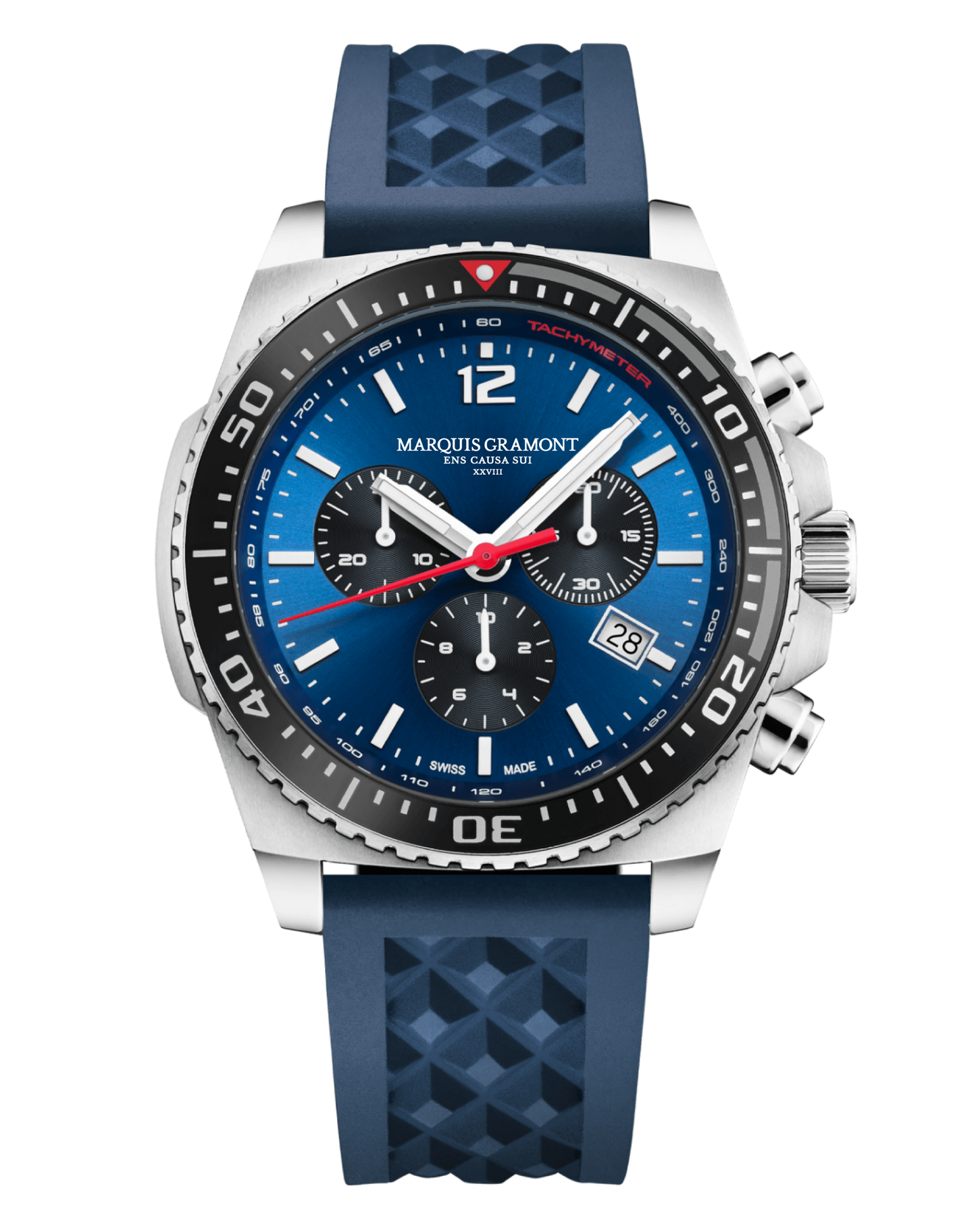 Swiss Made Chronograph Sports Watch with blue dial and rubber strap, featuring stainless steel case and subdials for timing precision.