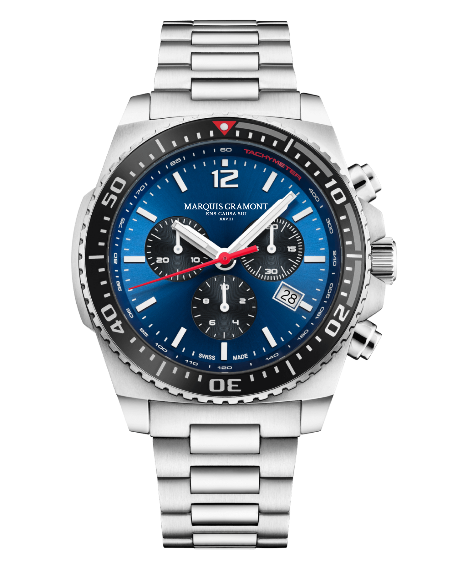 Swiss Made Chronograph Sports Watch with blue dial and stainless steel strap, featuring precision timing and water resistance.