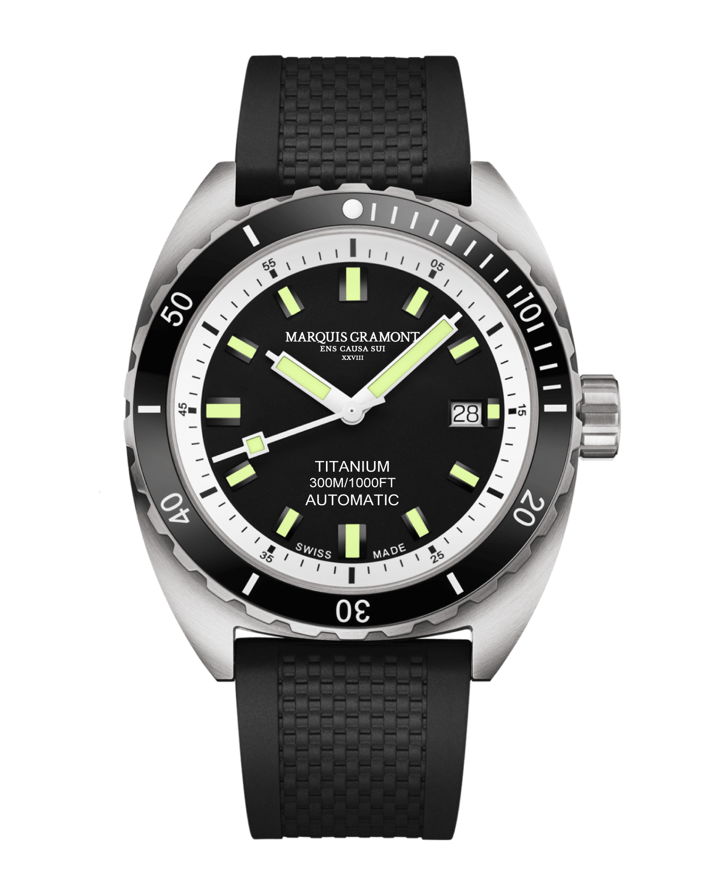 Swiss Titanium Diver Watch with black dial and titanium casing, featuring 300m water resistance and Swiss automatic movement.
