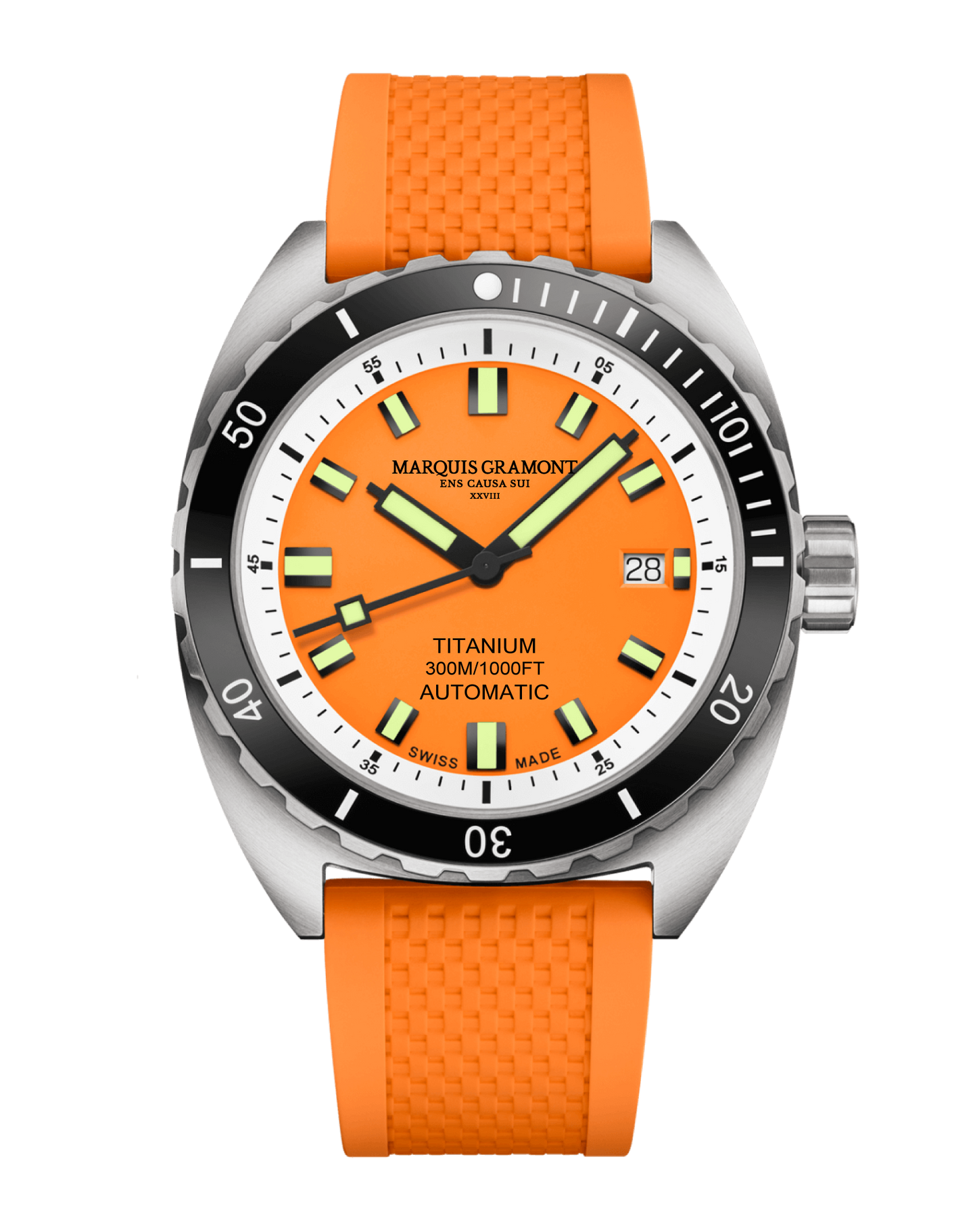 Swiss Titanium Diver Watch with vivid orange dial and strap, featuring a silver casing; designed for durability and luxury with 300m water resistance and scratch-resistant sapphire crystal.
