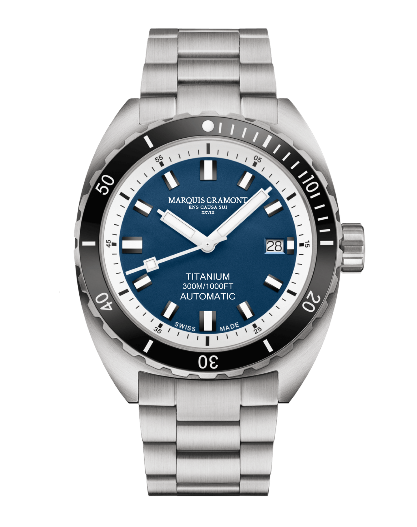 Swiss Titanium Diver Watch with blue dial and silver casing, 300m water resistance, helium valve.