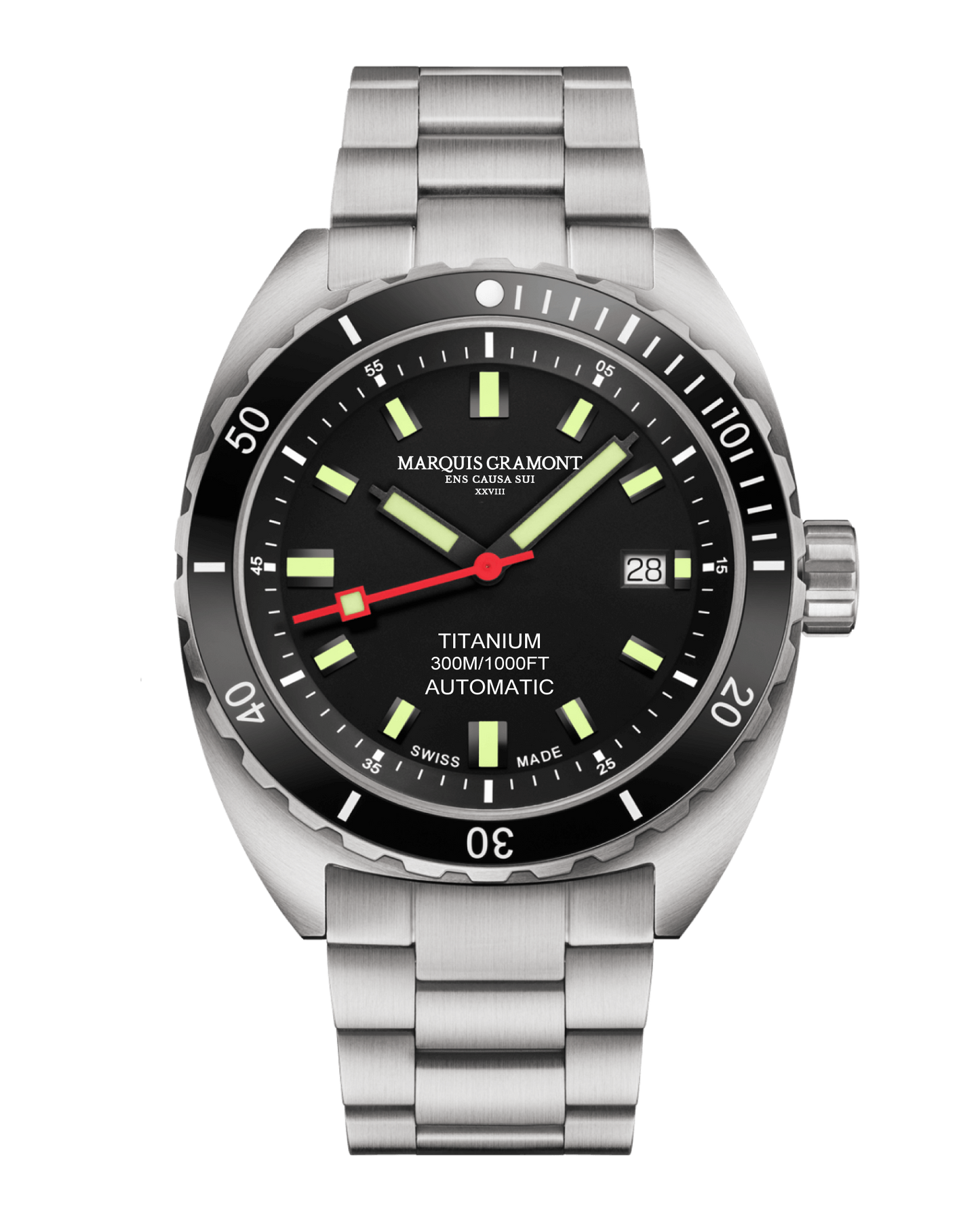 Swiss Titanium Diver Watch in black, featuring aerospace-grade titanium, black dial, and sapphire crystal, offering 300m water resistance and Swiss automatic movement.
