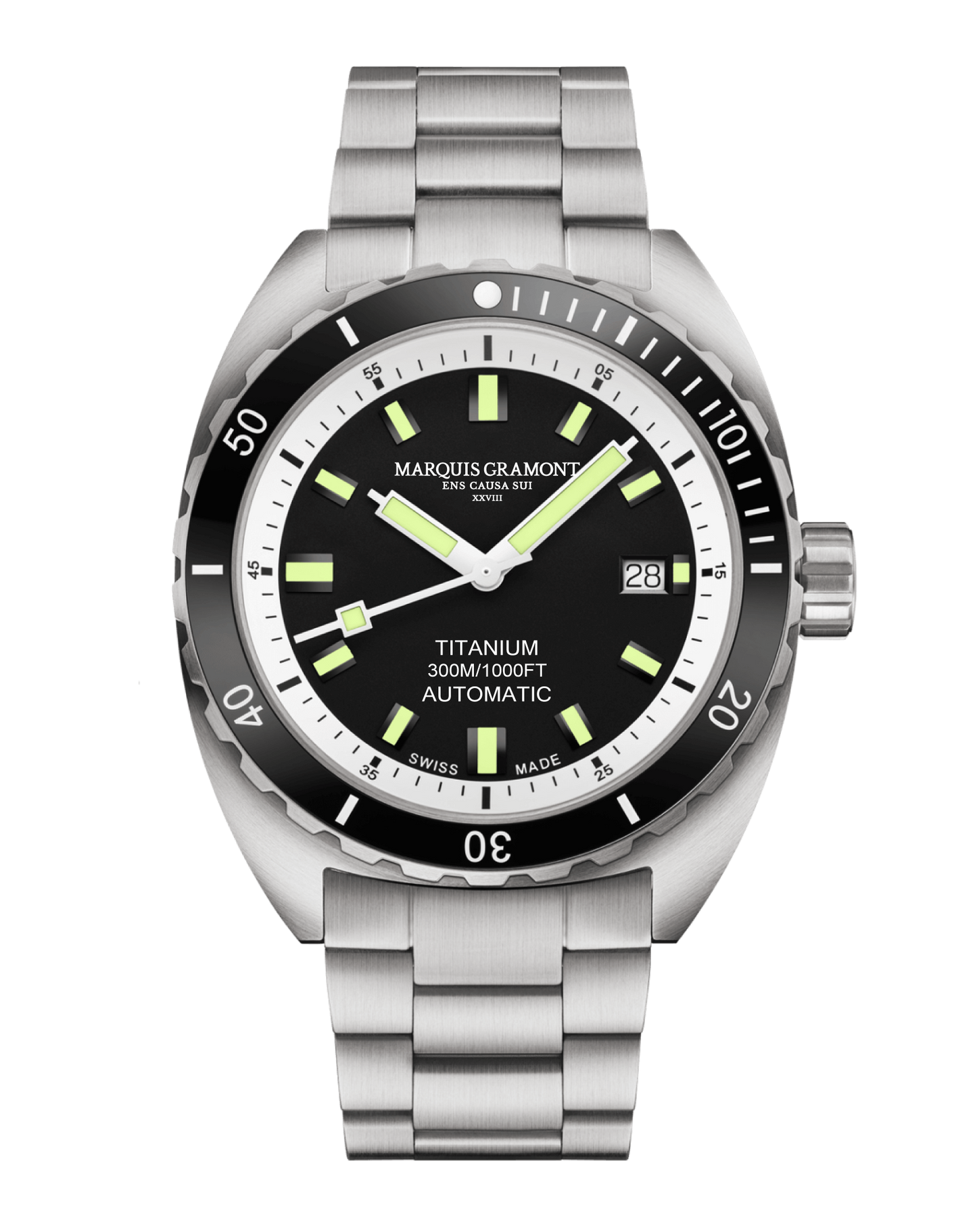 Swiss Titanium Diver Watch by Marquis Gramont, black dial, aerospace-grade titanium case, 300m water resistance, date display.