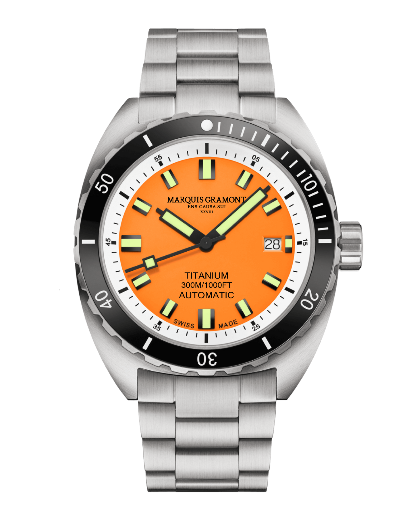 Swiss Titanium Diver Watch with vivid orange dial and silver titanium case.