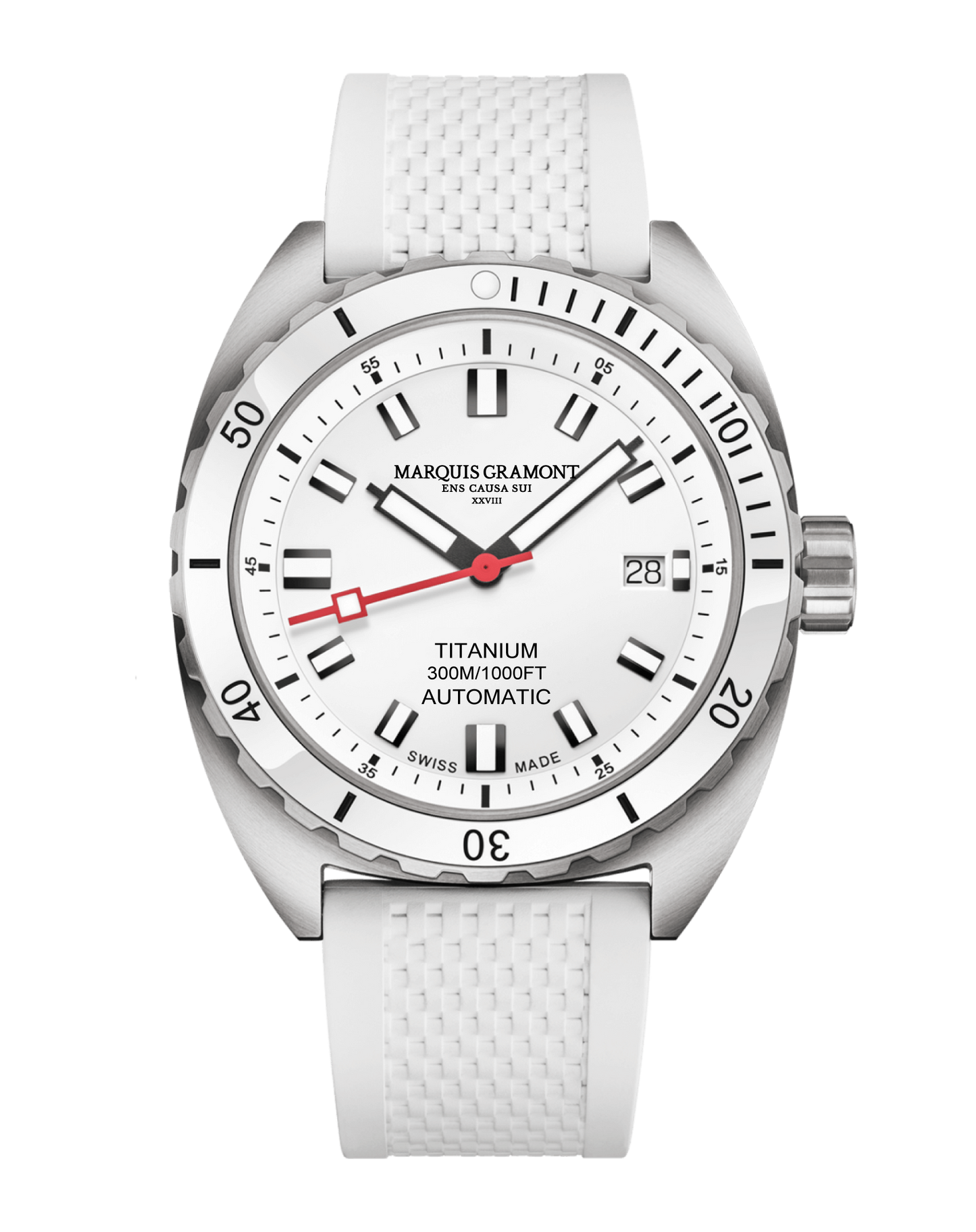 Swiss Titanium Diver Watch with white dial and silver casing, 300m water resistance, automatic movement.