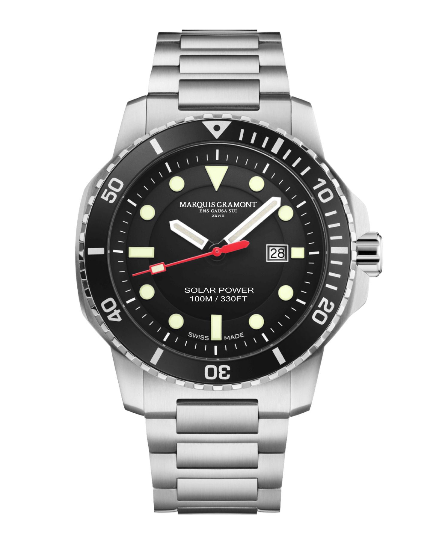 Swiss Solar Adventure Watch in silver with black dial, featuring Swiss solar quartz technology and 100m water resistance.