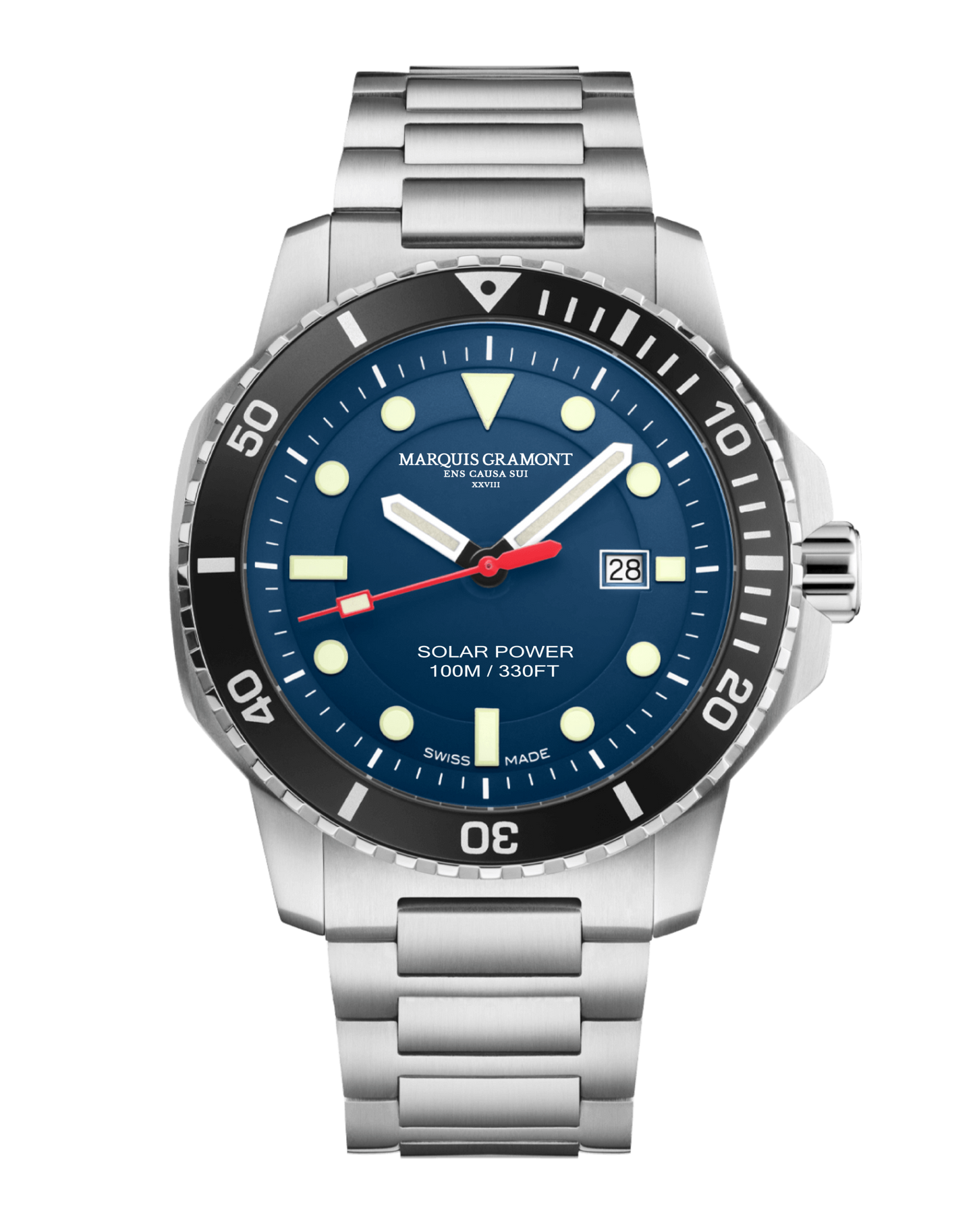 Swiss Solar Outdoor Watch in Ocean Blue with stainless steel band and luminous markers.