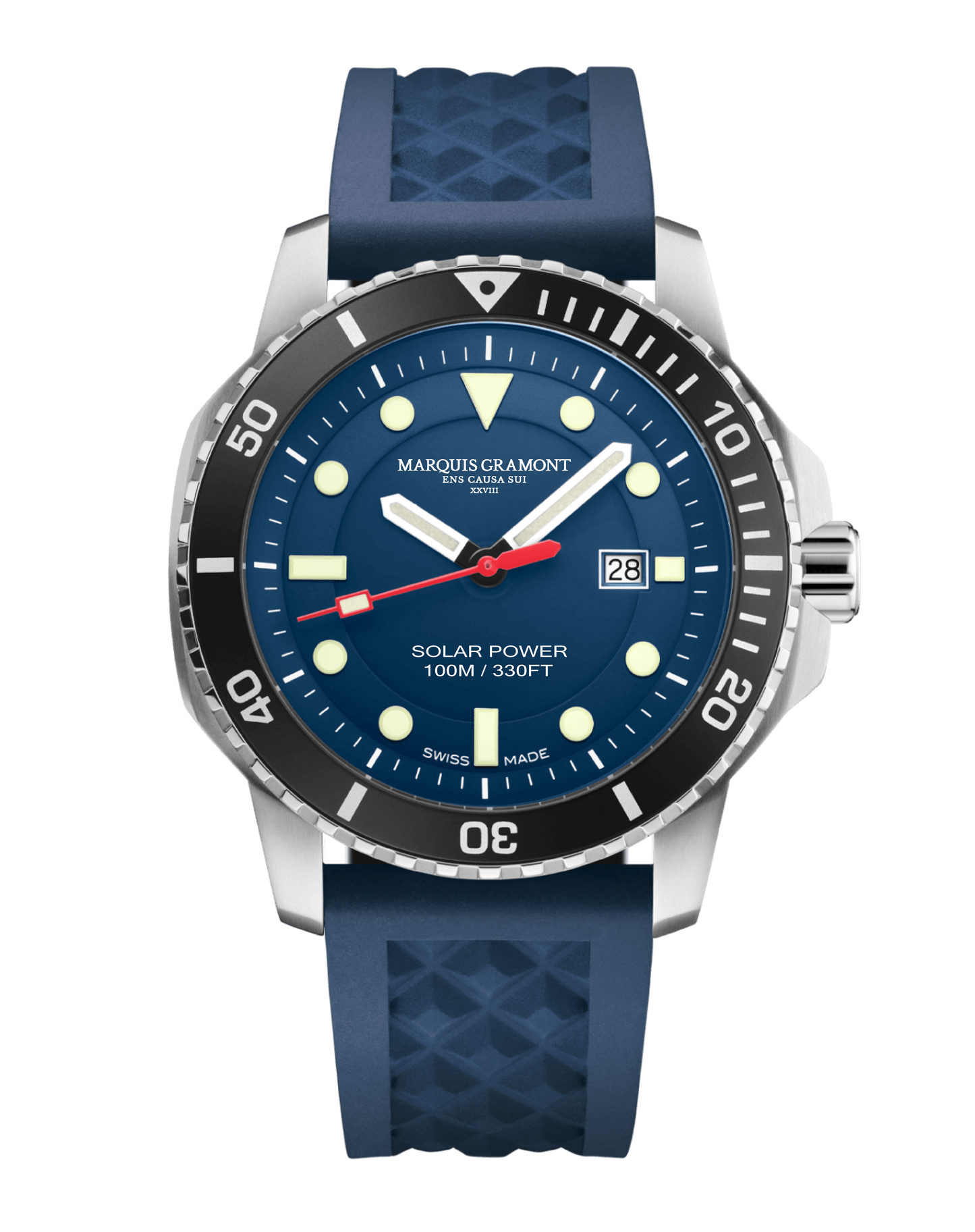 Swiss Solar Outdoor Watch in Ocean Blue with rubber strap and 100m water resistance.
