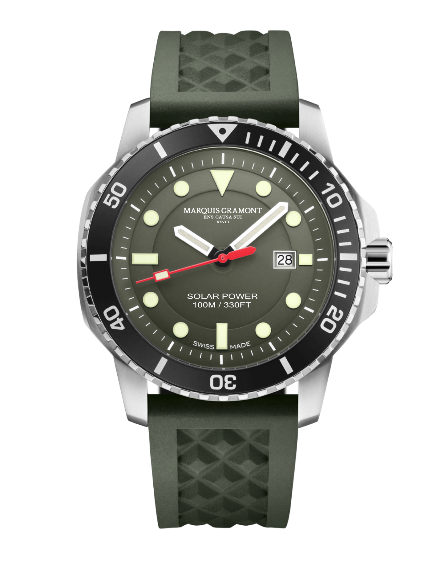Swiss Solar outdoor Watch in military green with rubber strap, luminous dial, and Swiss solar-powered technology.