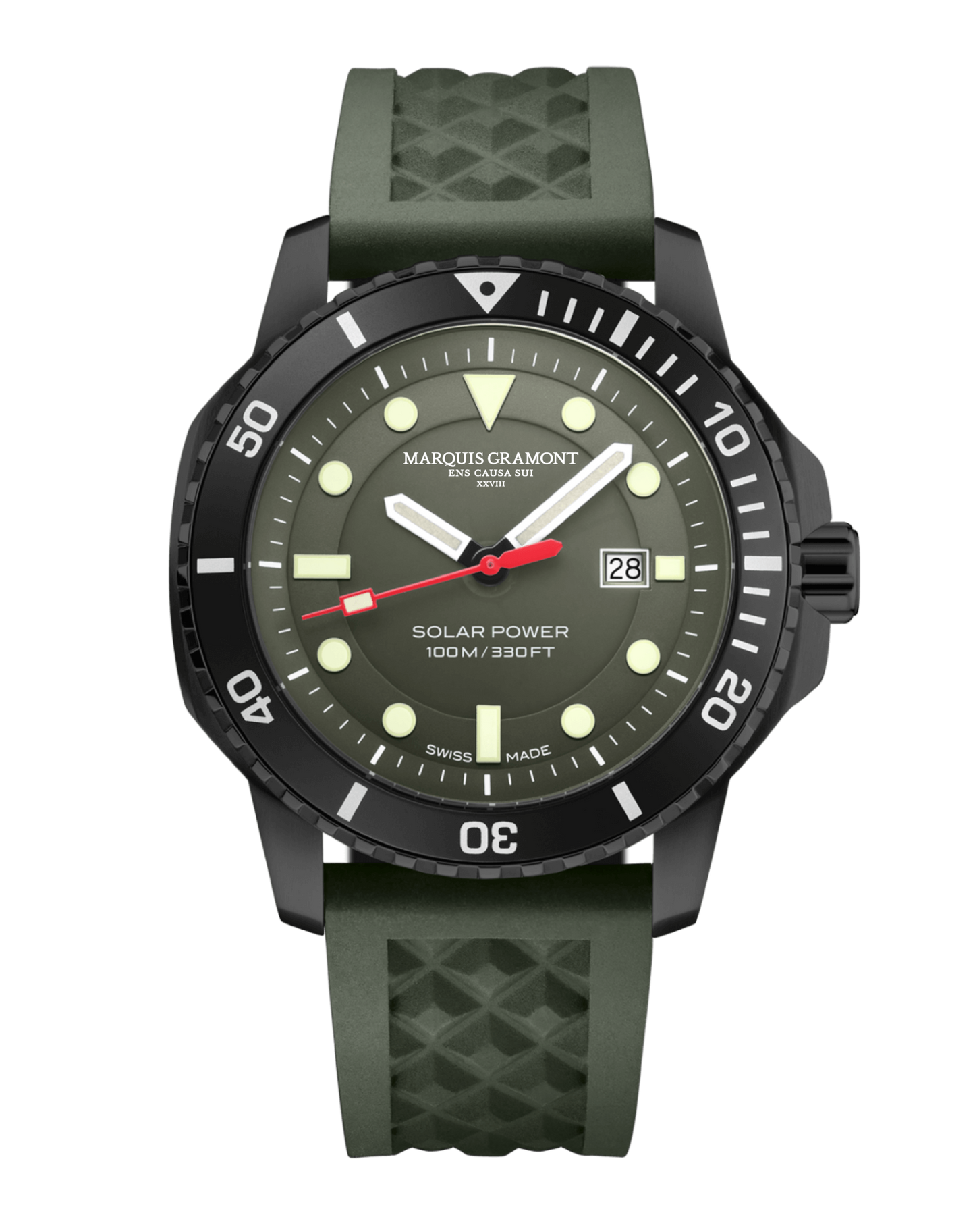 Swiss Solar outdoor Watch in military green with Swiss solar-powered quartz, luminous green markers, and 100m water resistance.