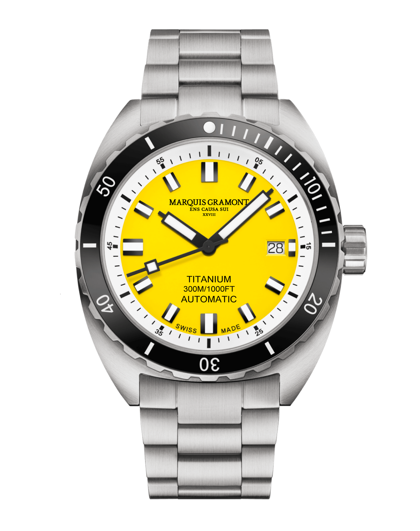 Swiss Titanium Diver Watch with yellow dial and silver titanium casing, 300m water resistance, and automatic movement.
