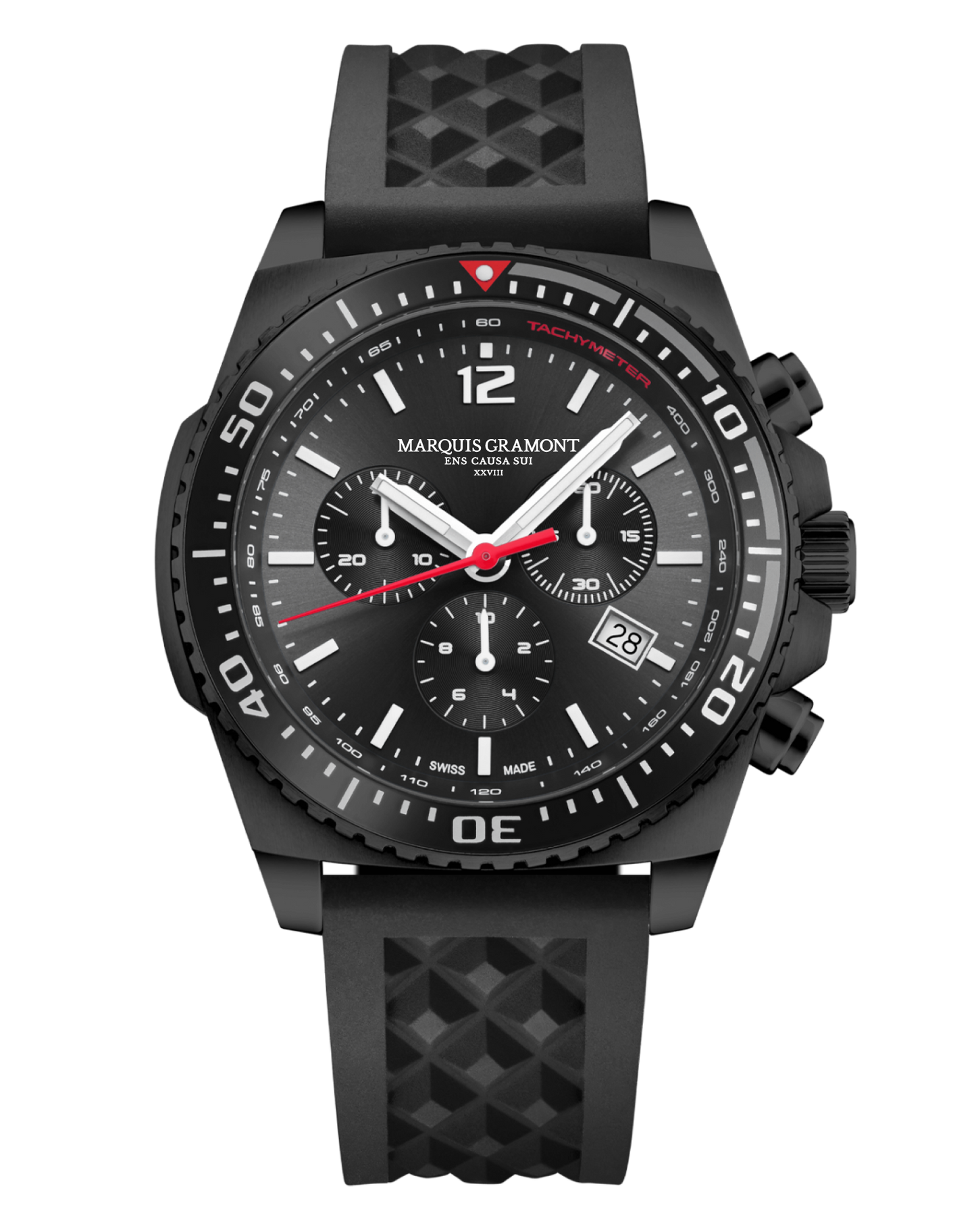 Swiss Made Chronograph Sports Watch with black dial and rubber strap, featuring precision timing and water resistance.