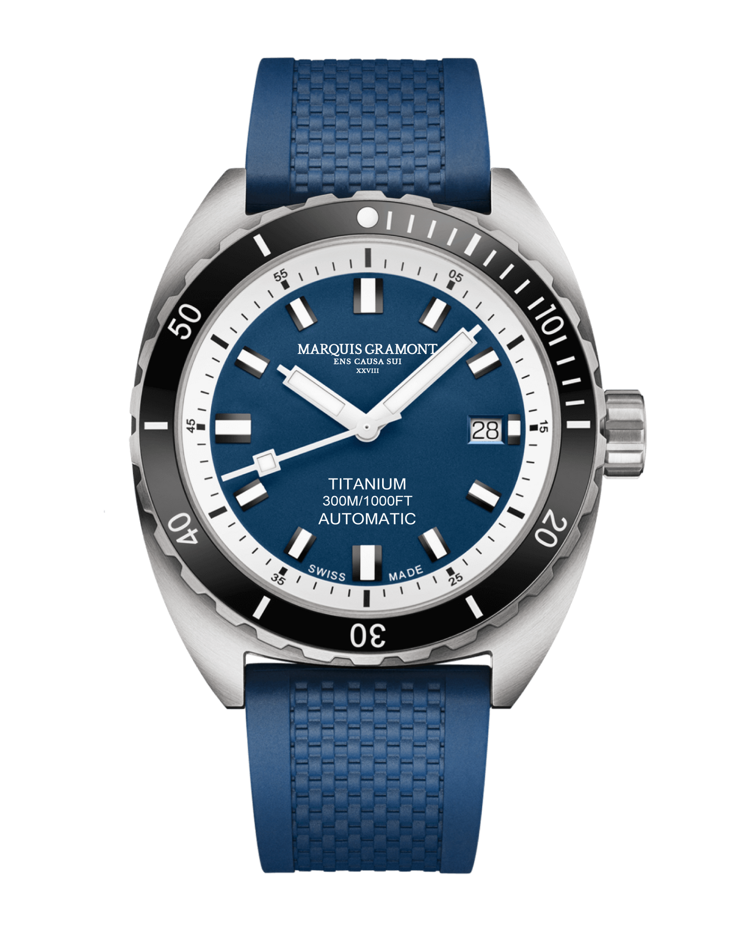 Swiss Titanium Diver Watch with blue dial and silver casing, featuring 300m water resistance and Swiss automatic movement.