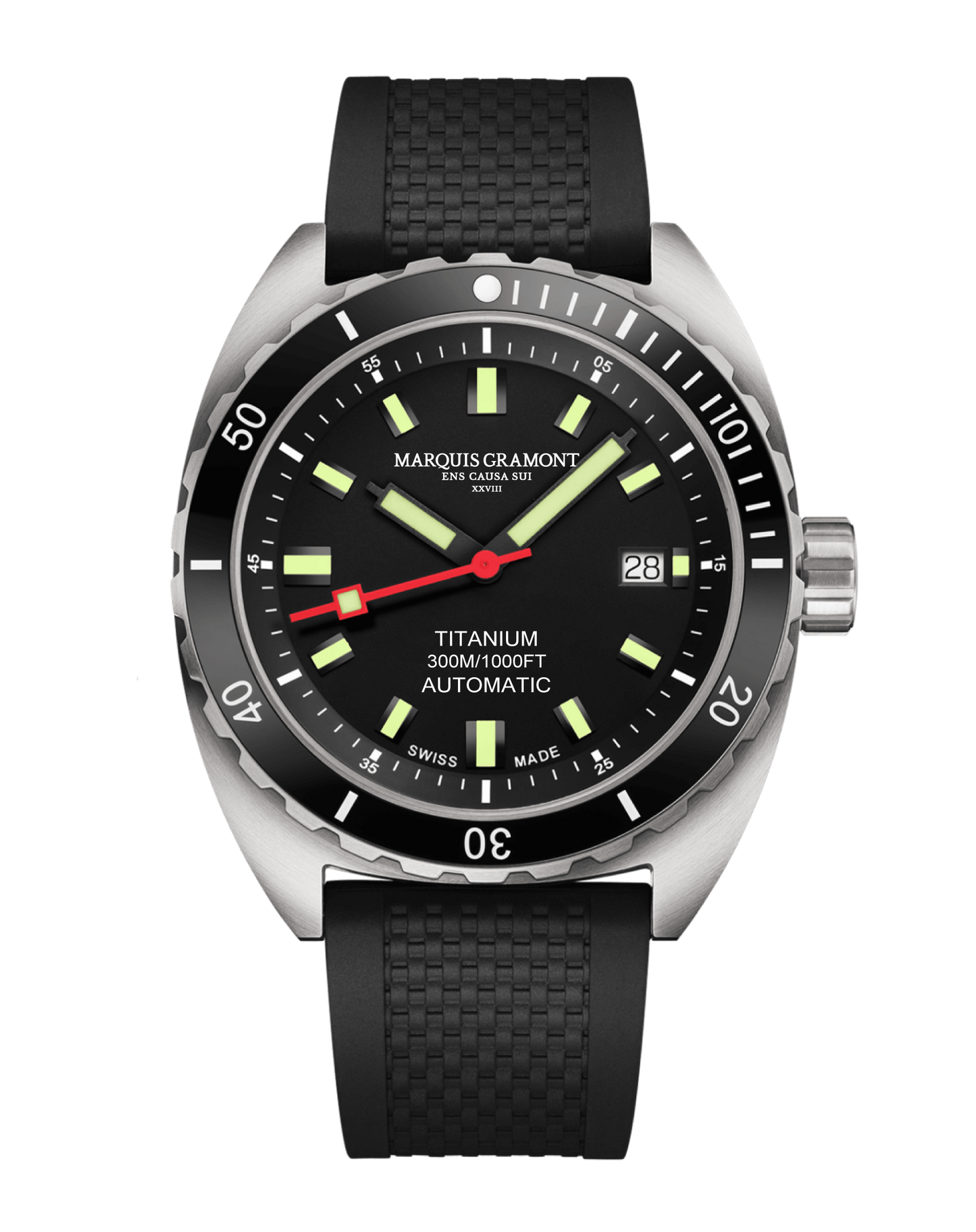 Swiss Titanium Diver Watch in black with luminous markers, 300m water resistance, and automatic movement.