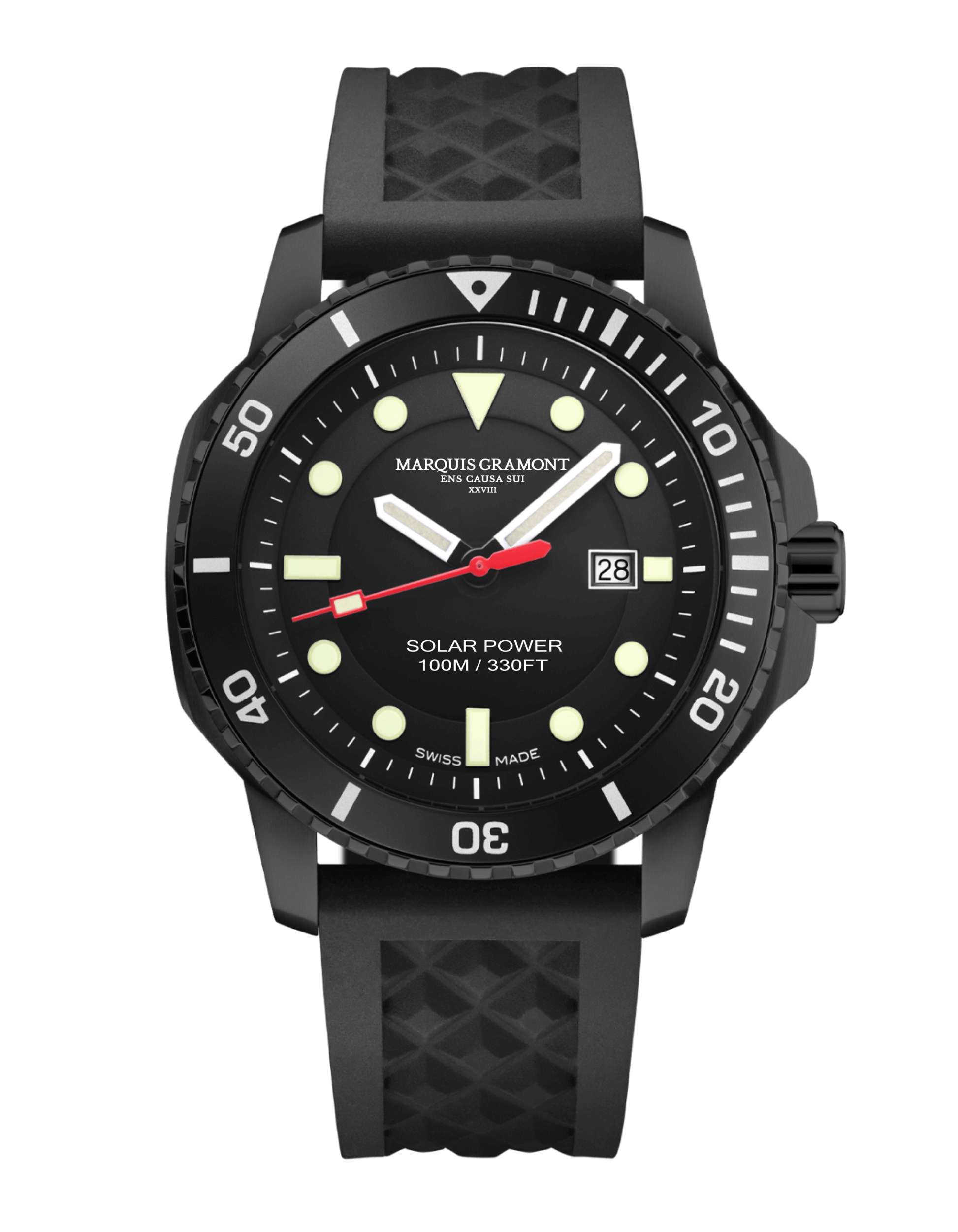 Swiss Solar outdoor Watch in black with Swiss solar quartz, 100m water resistance, and luminous markers.